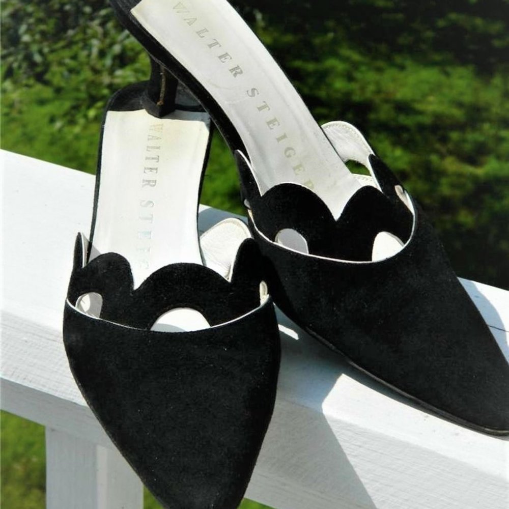 Walter Steiger Black Suede Scalloped Pointed-Toe Mule